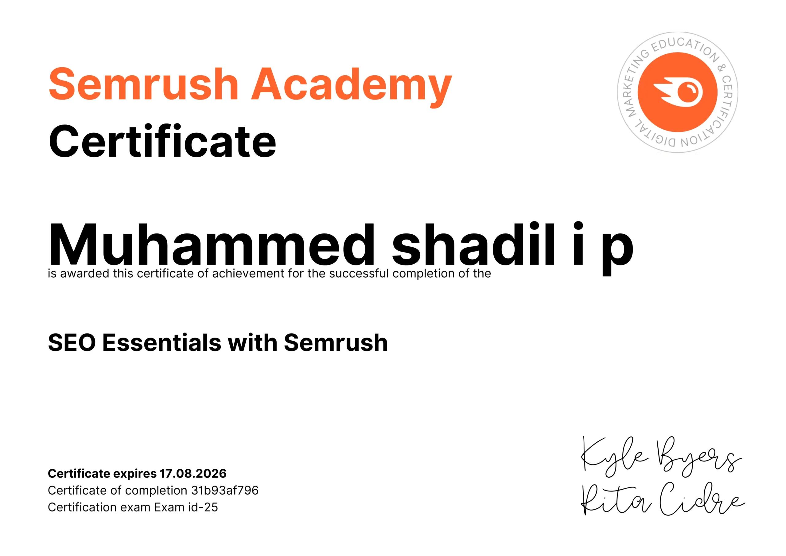 semrush certification of best freelance digital marketer in qatar