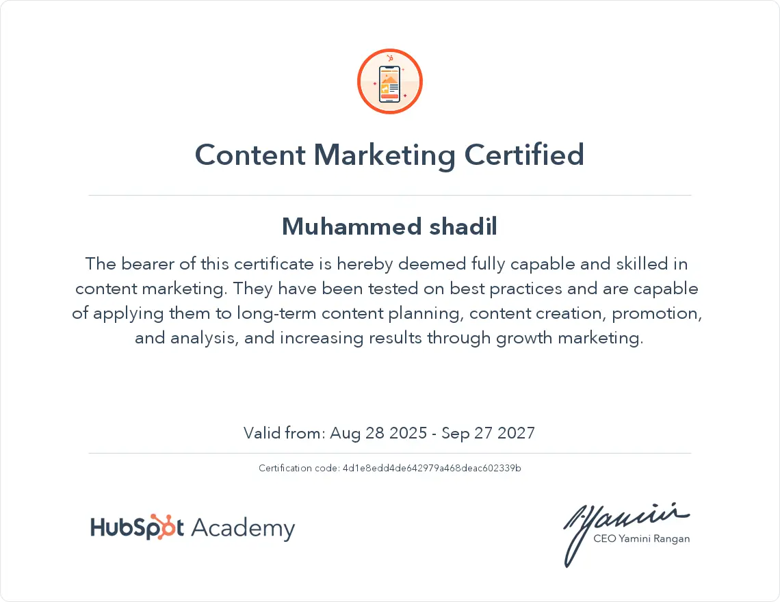 certification of hubspot acadamy of best freelance digital marketer in qatar